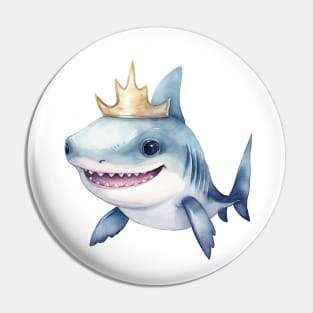 Watercolor Great White Shark Wearing a Crown Pin