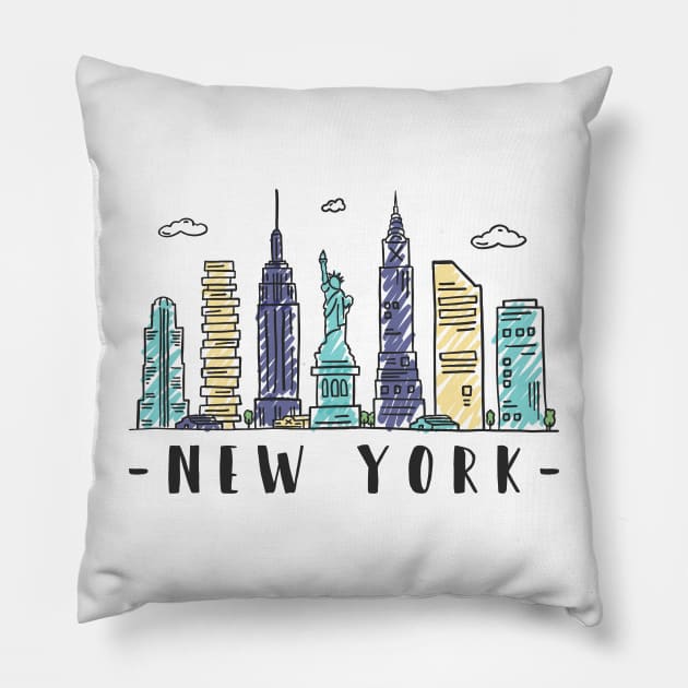 New York City Skyline Hand Drawn Pillow by RajaGraphica