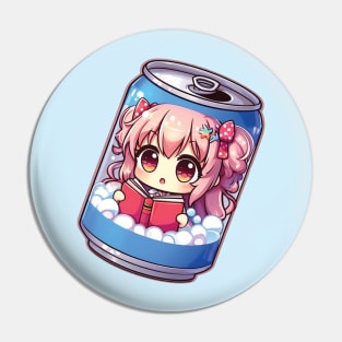 Anime Girl reading a book inside a soda can Pin