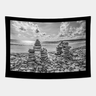 Rock Cairns On Amroth Beach, Wales, Black And White Tapestry