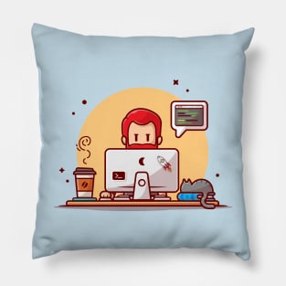 Man Working On Computer With Cat Cartoon Vector Icon Illustration Pillow