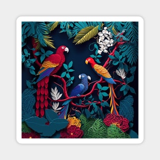 papercut illustration parrots jungle Magnet