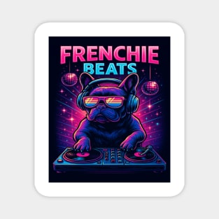 Frenchie Beats DJ T-Shirt | Retro Neon French Bulldog at the DJ Booth | Party Vibes Music Dog Design for Club & Music Lovers Magnet