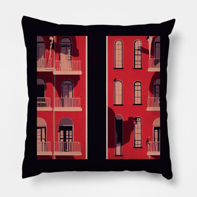 Wes Anderson Red Neighborhood Windows Pillow by Motif Mavens