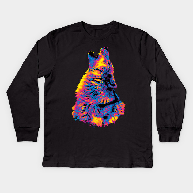 Rainbow Howling Wolf Digital Painting Wolf Kids Long Sleeve T