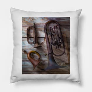 Three Old Horns On Wooden Wall Pillow