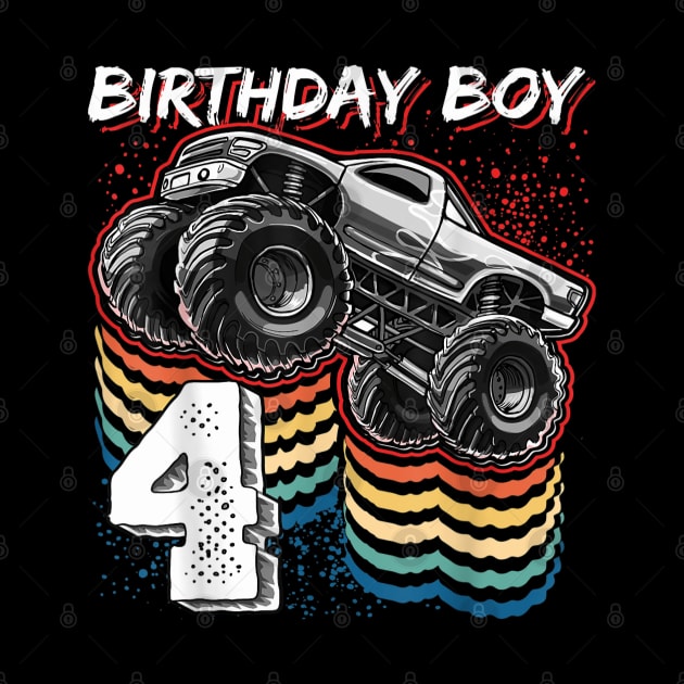 Birthday Boy 4 Monster Truck 4th Birthday Retro Vintage Gift by elmiragokoryan