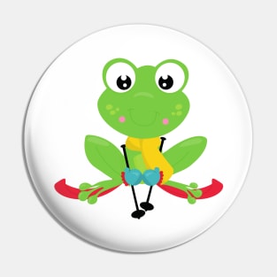 Winter Frog, Cute Frog, Green Frog, Skis, Skiing Pin