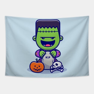 Cute Frankenstein laughing With Tombstones, Skulls, and  Pumpkin Halloween Cartoon Tapestry