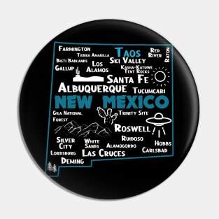 Cute map of Taos New Mexico Albuquerque Santa Fe Los Alamos, Roswell Las Cruces Deming Carlsbad Hobbs Silver City Pin