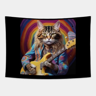 A Hippy Cat Playing Guitar Tapestry