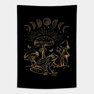 Frog Under Mushroom and Moon, Dark Academia Cottagecore Toad and Butterfly Tapestry