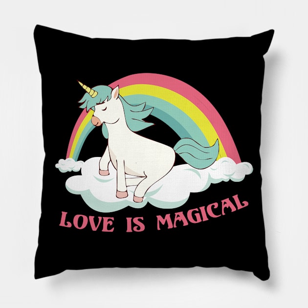 Love is Magical Unicorn Rainbow Magic Pillow by deificusArt