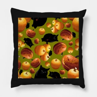 Black Cat and Pumpkins Tossed on Yellow Green Repeat 5748 Pillow