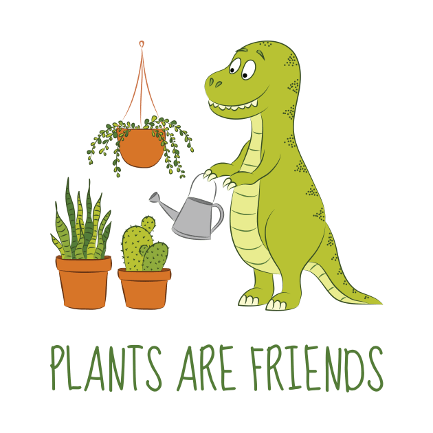 Plants are friends - Cute dino watering his houseplants by sziszigraphics