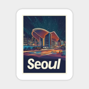 This retro travel poster artfully captures the dynamic skyline of Seoul by night, highlighting iconic modern buildings against a starry Magnet