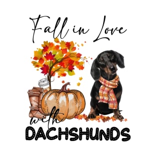 Black Dachshund Fall in Love Scarf Funny Dachshund Pumpkin T-Shirt