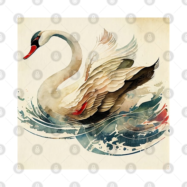 Vintage Japanese style Watercolor of a Swan by Danielleroyer