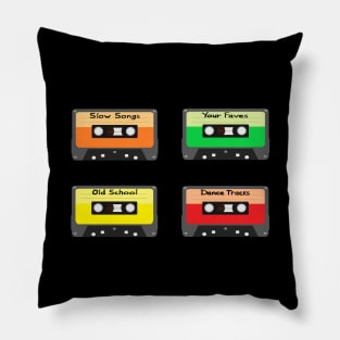 Mixtapes Pack. Set of Four Retro Cassette Mix Tapes in Vintage Colors. Slow Songs, Your Faves, Old School and Dance Tracks. (Black Background) Pillow