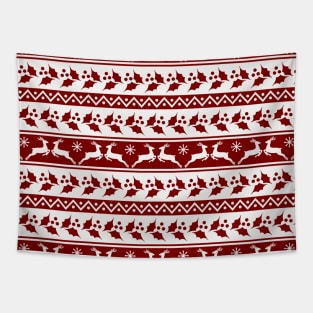 Dark Christmas Candy Apple Red Nordic Reindeer Stripe in White Tapestry