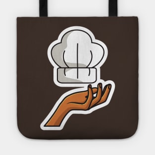 Chef Cooking Hat on Chef Hand Sticker design vector illustration. Kitchen cooking object icon concept. Creative hand and chef cap sticker design logo. Chef logo icon concept. Tote