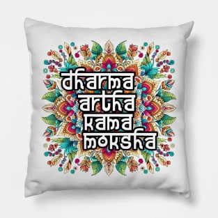 Dharma artha kama moksha Mandala: Colorful Harmony in Red, Green, Blue, Yellow, Orange, Purple, Pink Pillow