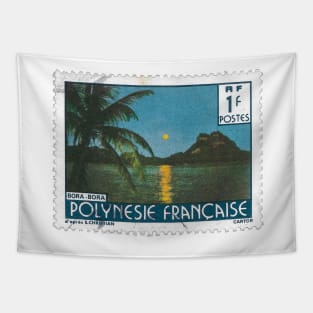 Full Moon Rising over Bora Bora Vintage French Polynesia Stamp Tapestry