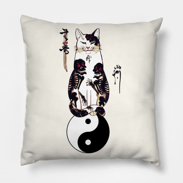 JAPANESE CAT IN SKULL,SKELETON TATTOOS ON YIN YANG SYMBOL Pillow by BulganLumini