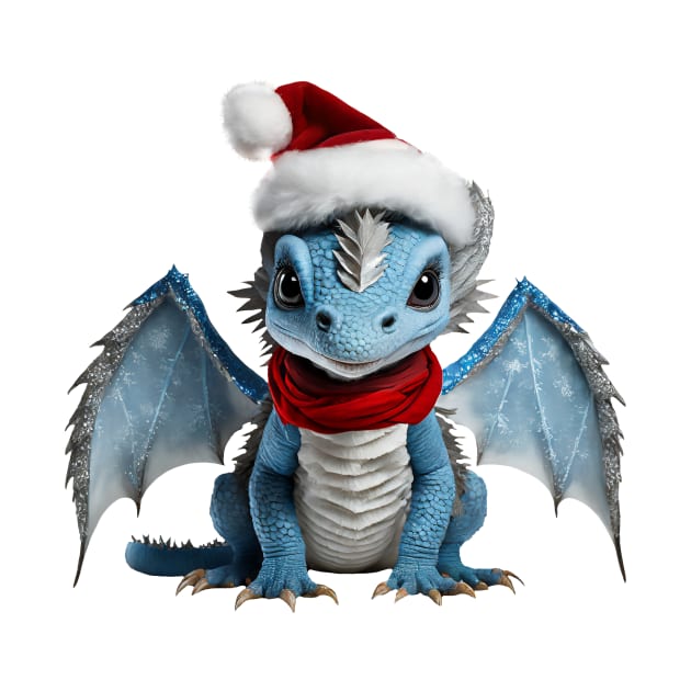 Realistic Artwork of a Cute Blue Baby Dragon Wearing a Red Festive Christmas Hat by Cuteopia Gallery