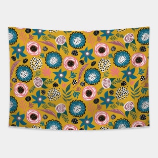 Leaves And Florals on Mustard Yellow Tapestry