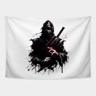 Crimson Shadow: Ink Wash Ninja Tapestry