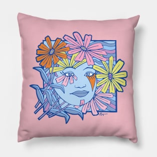 Wavy Square with woman's face and pastel colored daisies Pillow