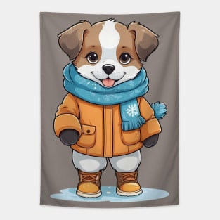 Winter Dog in Orange Coat and Blue Scarf Tapestry