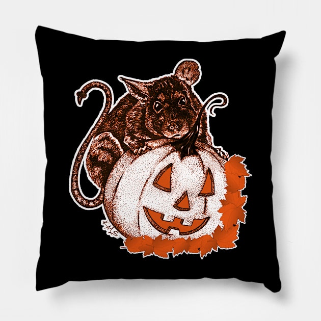 Cute Halloween Rat and Pumpkin Graphic With Fall Leaves Pillow by DesignFunk