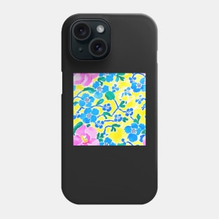 Pink and blue preppy flowers on yellow Phone Case