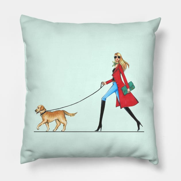Dog Walking in Style Pillow by Ji Illustrator
