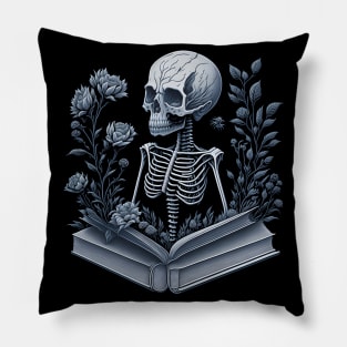 skeleton reading book wite flowers Pillow