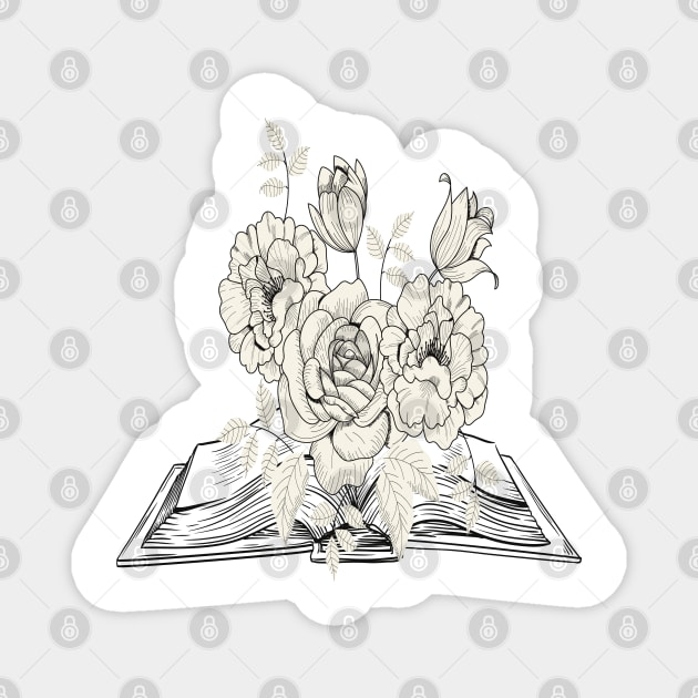 Nice flowers growing from an open book line art, vintage flowers growing out of a book illustration Magnet by Modern Art