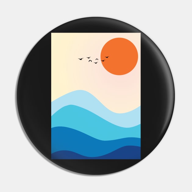 Minimalist Modern Ocean Wave and Sunset Graphic Art Pin by CityNoir