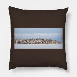 Lake landscape and forest island at winter day Pillow