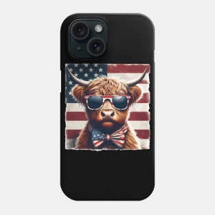 Funny Highland Cow American Flag 4th Of July Phone Case