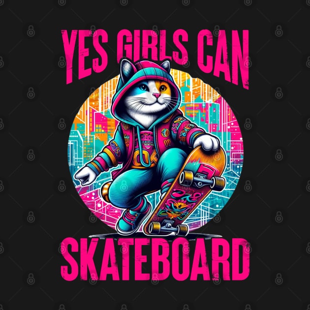 Yes Girls Can Skateboard - Cute Skateboarder Skater Cat by JJDezigns