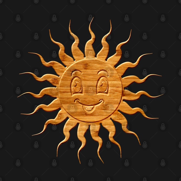 Cute Wood Carved Sun Face Drawing by Braznyc