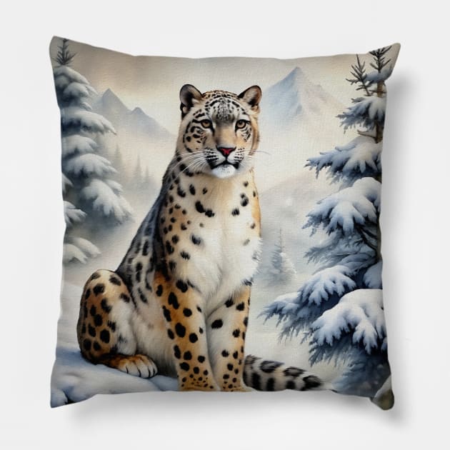 A Proud Snow Leopard Went Hunting, in the Snowy forest, Hight Mountains, Snow Falling, Winter Landscape, Wildlife White Panthera, Watercolor Realistic Illustration, Art, Portrait, Poster, Shirt, Christmas Holiday, Birthday gifts, Hunting lover Pillow by sofiartmedia