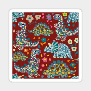 Vintage floral fabric dinosaurs with daisies on red background Magnet