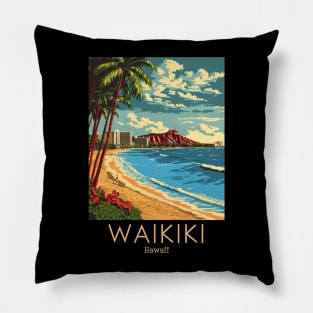 A Vintage Travel Illustration of Waikiki - Hawaii Pillow