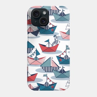 Origami dog day at the lake // pattern // white background red teal and blue origami sail boats with cute Dalmatian Phone Case