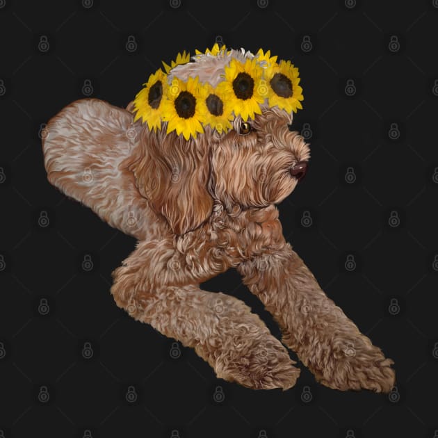 Hippie boho Cavapoo Cavoodle puppy with flower crown - cute cavalier king charles spaniel with sunflowers in hair by Artonmytee