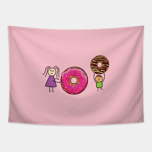 funny girl and boy playing with doughnuts Tapestry