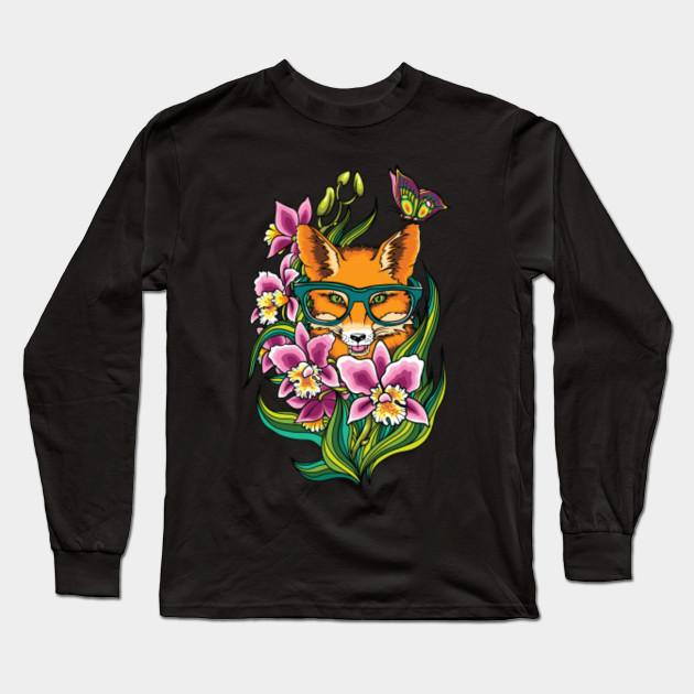Art Fox Designer Fox Flowers Flowers Long Sleeve T Shirt